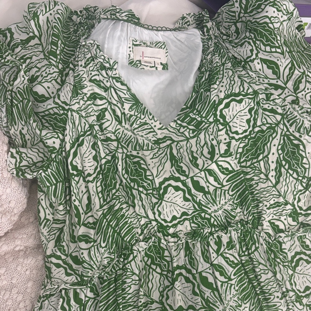 Anthropologie Green Leaf Print Blouse